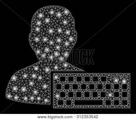 Glowing Mesh Coder With Glare Effect. Abstract Illuminated Model Of Coder Icon. Shiny Wire Frame Tri