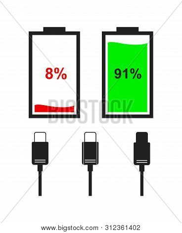 Flat Color Icons Of Battery And Type-c Cables Isolated On White Background. Vector Battery Level Ind