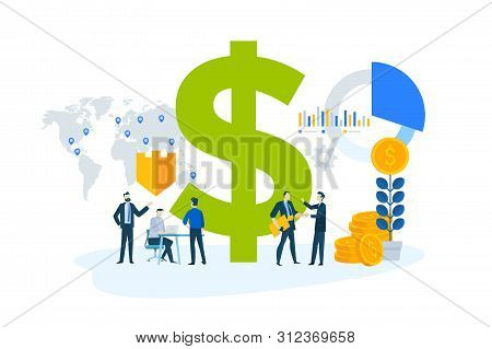 Flat Design Concept Of Global Investment, Market Trends, Economic Analysis, Banking, Insurance. Vect