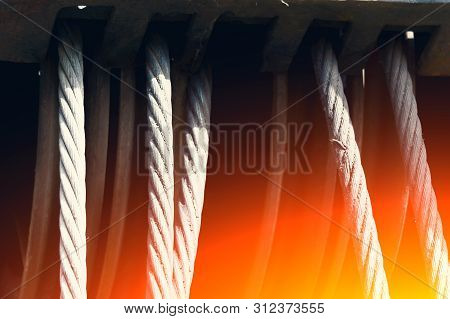 Rope Sling Or Rope Sling On The Drum Of A Drum Crane Or Roller Winch Of A Crane In Heavy Industry. R