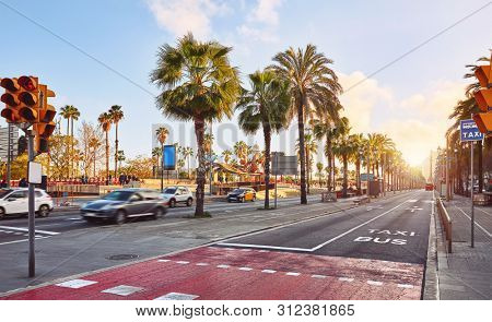 Marine port Vell in Barcelona, Spain. Luxury yaghts in the sea bay. Evening sunset.