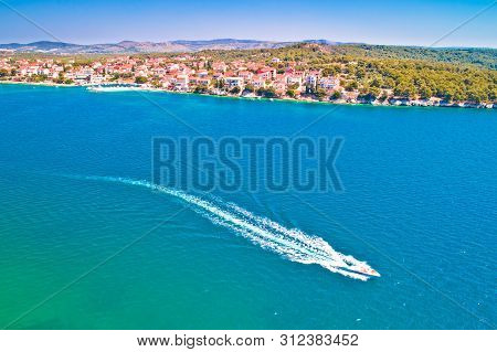 Brodarica Village On Adriatic Sea Aerial Waterfront View, Sibenik Archipelago Of Dalmatia, Croatia