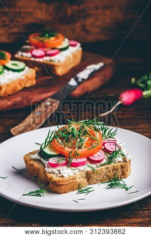 Vegetarian Sandwich With Fresh Sliced Tomatoes, Cucumber And Radish On White Plate