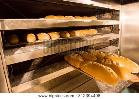 Bread bakery food factory production with fresh products   Baked bread in the bakery, just out of the oven