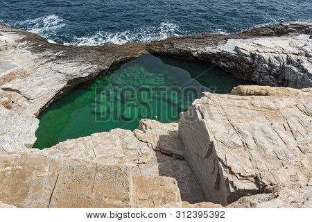 Seascape With Green Waters Of Giola Natural Pool In Thassos Island, East Macedonia And Thrace, Greec