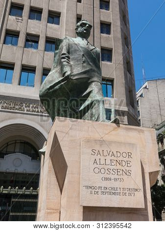 Detail Of Monument To Chilean Statesman And Political Figure. Salvador Allende In Santiago De Chile