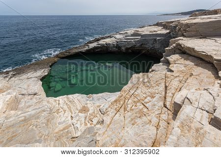 Seascape With Green Waters Of Giola Natural Pool In Thassos Island, East Macedonia And Thrace, Greec