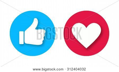 Thumb Up And Heart Icon With Falling Shadows Isolated On White Background. Vector Like And Love Icon