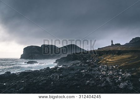 View Over Capelinhos Volcano, Lighthouse Of Ponta Dos Capelinhos On Western Coast On Faial Island, A