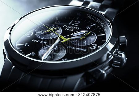 Amsterdam, The Netherlands, 07/22/2019, Tissot, Steel Mens Wrist Watch, Macro Photography, Dark Back