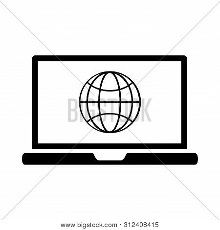 Laptop Screen Icon With Globe Icon Inside Is Isolated On White Background. Simple Sign Of Laptop Com