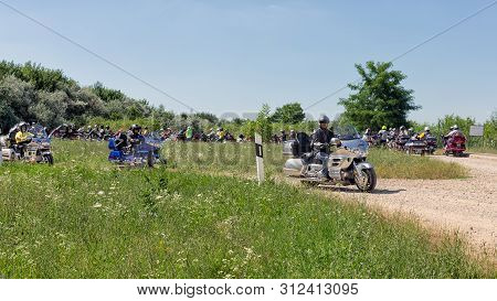 Eger, Hungary - July 04, 2019: Motor Bikers At Honda Goldwing Start For A Drive Through Hungary Betw