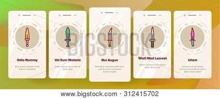 Dagger, Sharp Weapon Onboarding Mobile App Page Screen. Dagger, Dirk, Metal Instrument For Self-prot