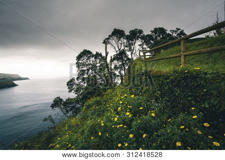 North Coast Landscape Over Capelas Town On Sao Miguel Island, Azores Archipelago, Portugal. Miradour