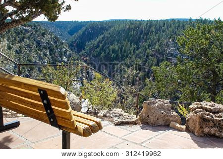 Bench Enjoying The View In Walnut Canyon National Monument In Flagstaff Arizona