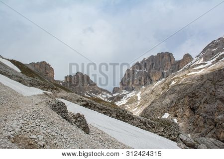 Trail To The Pass Principe And Refuge Step Principe In Dolomites. South Tyrol, Italy