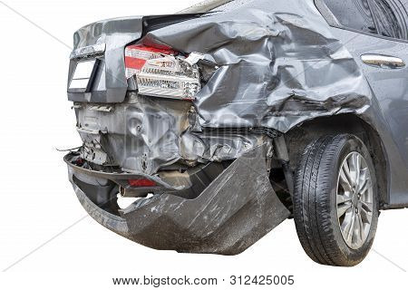 In Raining Day Back Side Of  Gray Color Car Damaged And Broken By Accident On Road Parking Can Not D