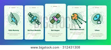 Orbital Sputnik Linear Onboarding Mobile App Page Screen. Sputnik Thin Line Contour Symbols. Cosmos 