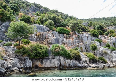 The Ruins Of The City Of Mira, Kekova, An Ancient Megalithic City Destroyed By An Earthquake.