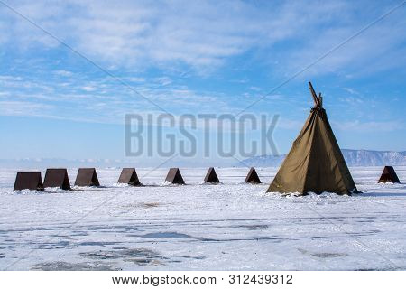 Tents On Frozen Lake At Lake Bikal, Russia