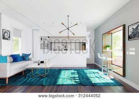 modern home kitchen with table in the window. 3d rendering design concept