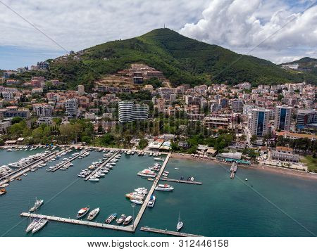 Old Town Budva. Aerial View To Dukley Marina From Sky.