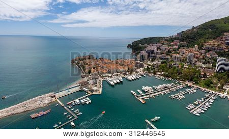 Old Town Budva. Aerial View To Dukley Marina From Sky.