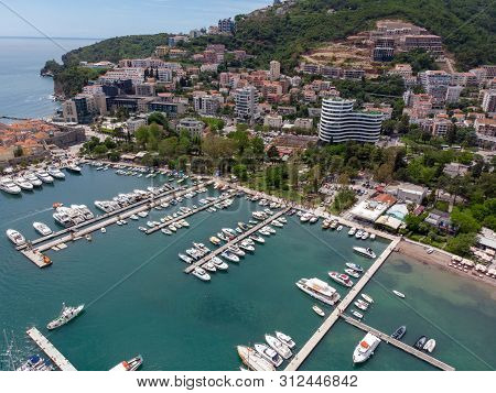 Old Town Budva. Aerial View To Dukley Marina From Sky.