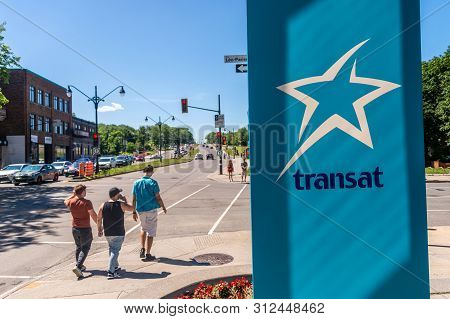 Montreal, Ca - 7 July 2019: Air Transat Sign At The Bottom Of Air Transat Tower.