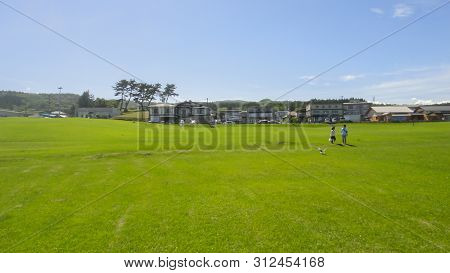 Tanesashi Kaigan Coast. The Coastline Includes Both Sandy And Rocky Beaches, And Grassy Meadows Scen