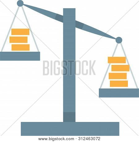 Cartoon Scales Symbol Infographics Element. Weighing-machine With Gold Coins Slightly Overbalanced. 