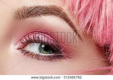 Closeup Macro Of Woman Fashion Make-up Of Eyes. Glitter Blue Celebrate Makeup, Perfect Color Of Eyes