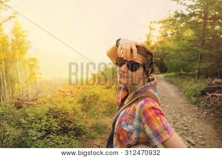 Girl In Colorful Shirt Looking Cool With Sunglasses On A Sunny Day In Nature With Sunset Sunlight- Y