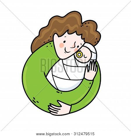 Vector Illustration Of A Young Mother Hugging A Newborn Child. Joy Of The Motherhood Concept Ina Cir