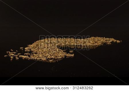 Lot Of Whole Dry Caraway Fruits Snake Isolated On Black Glass