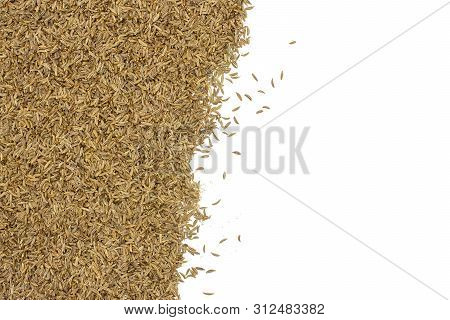 Lot Of Whole Dry Caraway Fruits With Copyspace On Right Side Flatlay Isolated On White Background