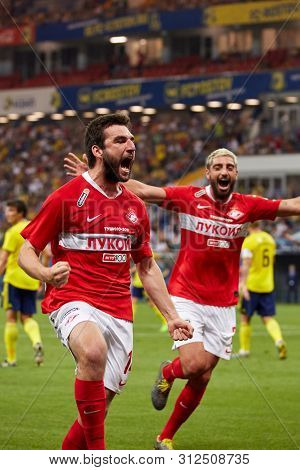 Rostov-on-don, Russia - July 20, 2019: Georgiy Dzhikiya Of Fc Spartak Moscow Celebrates His Goal Dur