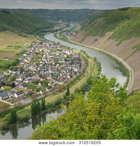Panoramic Image Of The Moselle Village Ernst Close To Cochem On A Dully Day In Springtime, Germany