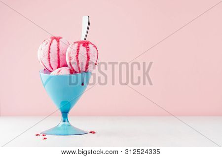 Homemade Pink Ice Cream Scoops In Blue Ice-cream Bowl With Strawberry Jam, Spoon In Modern Pink Inte