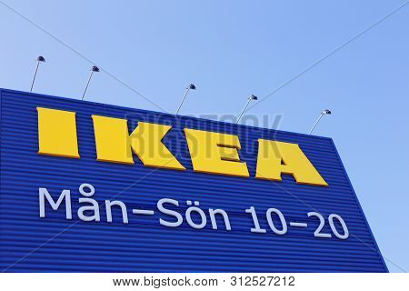 Kungens Kurva, Sweden - July 11, 2019: Close-up Of The Ikea Furniture Store At Kungens Kurva Exterio