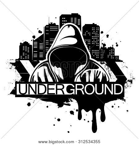 Urban Style Illustration Of Man In Hoodie Behind City Silhouette. Street Art Style. T-shirt Print De