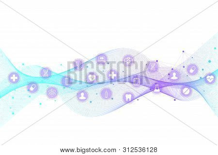 Medical Abstract Background With Health Care Icon Pattern. Medical Innovation Concept. Dna Strand Li