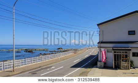 Aomori, Japan - Aug 11, 2016 : Senjojiki Station In The Town Of Fukaura. Some Resort Shirakami Train