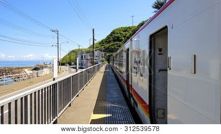 Aomori, Japan - Aug 11, 2016 : Senjojiki Station In The Town Of Fukaura. Some Resort Shirakami Train