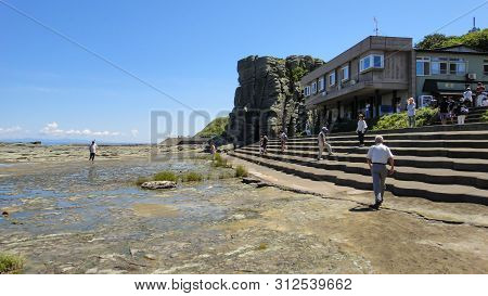 Aomori, Japan - Aug 11, 2016 : Senjojiki Rock Seaside, A Thousand Tatami Mats. Aomori Prefecture, Ja