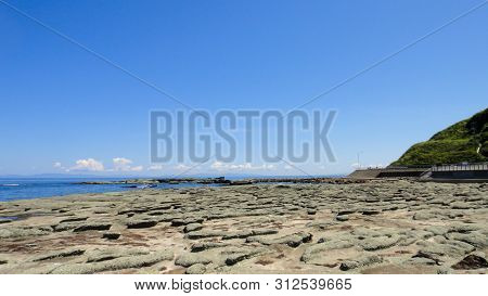 Senjojiki Rock Seaside, A Thousand Tatami Mats. Aomori Prefecture, Japan. The View At Sunset Time Is