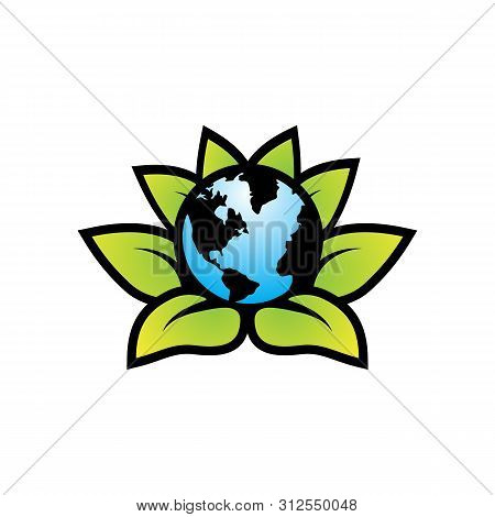 Save World. Earth Globe With Green Leaves Logo Vector Background