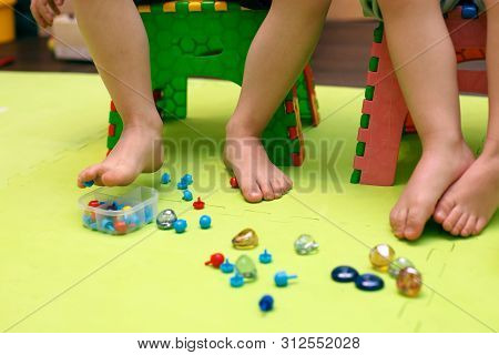 Kids Play With Mosaic Pieces, Glass Stones. Orthopedic Game, Gymnastics With Valgus, Massage And Sti