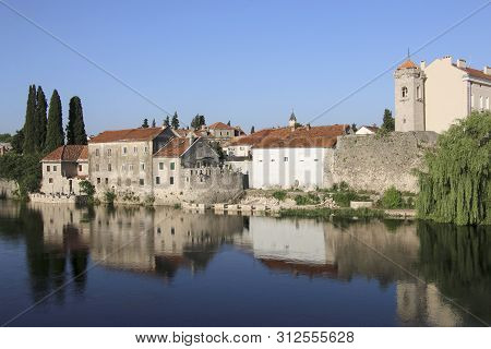 Beautiful View Old Historical Part Of The City Trebinje And Trebisnjica River, Trebinje, Bosnia And 