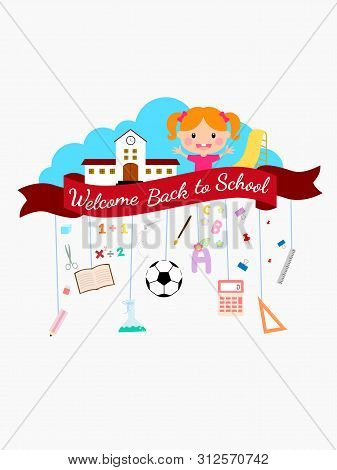 Back To School Background With Little Girl And School Banner.